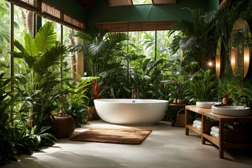 Fototapeta na wymiar bathroom with exotic rainforest influences, lush greenery, and vibrant wildlife motifs. Generative ai.