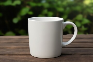 Fototapeta premium Empty mockup mug wooden table. Clean cup. Generate Ai