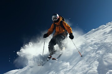 Skier carves the snowy landscape, displaying skill on the wintry slopes - obrazy, fototapety, plakaty