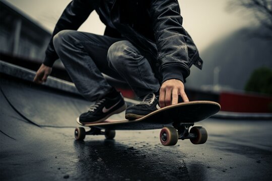 Skateboarder stands on a grayscale deck, capturing urban skating aesthetics