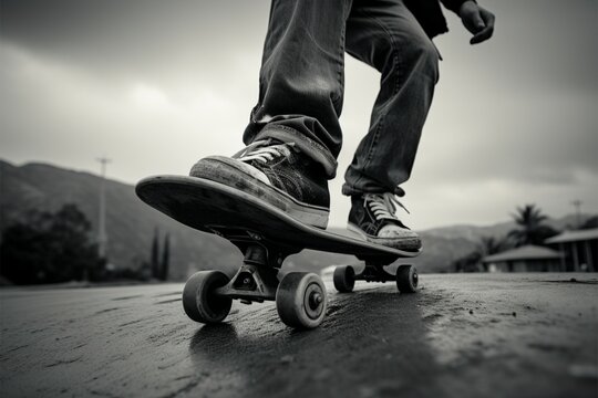 Skaters grayscale stance, striking a balance on a sleek skateboard