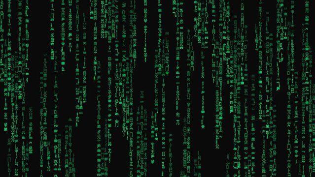 Binary matrix background. Falling digits on dark backdrop. Running Chinese text. Abstract data concept. Hacker concept. 