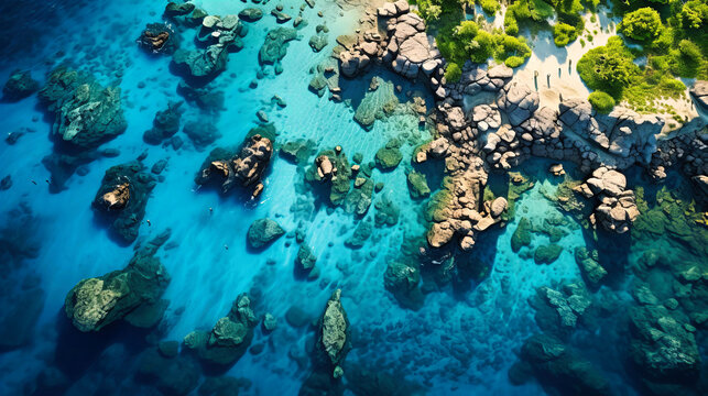 Breathtaking aerial view of coral reefs, marine biodiversity.