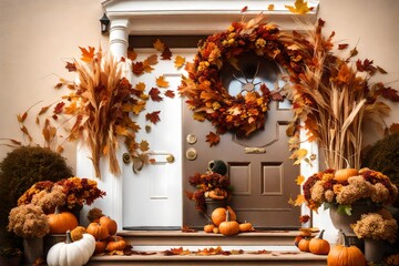 Autumn wreath decorating front door halloween concept 