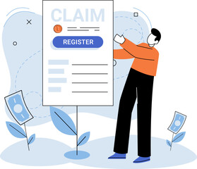 Claim form, man filling out checklist, write personal information into document. Application form paper applying for job or registering claim for health insurance. Person answers questions in survey