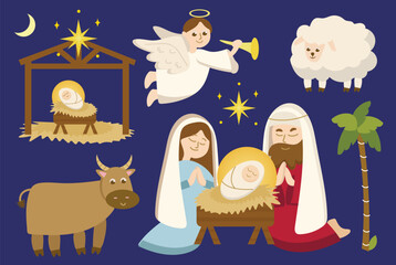 Christian Christmas set in flat cartoon style. This set presented in a charming atmosphere style, beautifully depicts classic Christian scenes within a festive Christmas theme. Vector illustration.