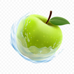 Green apple with splash of water or juice. Isolated on a transparent background. Stock vector illustration