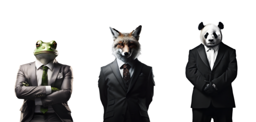 Set of creative animal head in business suit and standing posing, turtle, wolf, panda, Contemporary art idea concept design, isolated on white and transparent background, ai generate