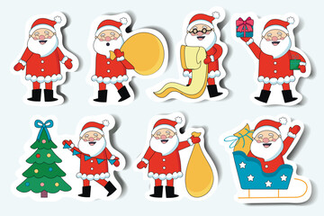 Santa set in cartoon design. Adorable sticker-style format feature cute Christmas Santa Clauses with different attributes of holiday. Vector illustration.