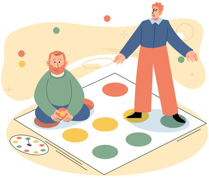 Father and son playing twister at floor, people spend time together, parent and kid playing indoor game. Happy dad and son, home activity, people have fun. Friends company joyful time inside