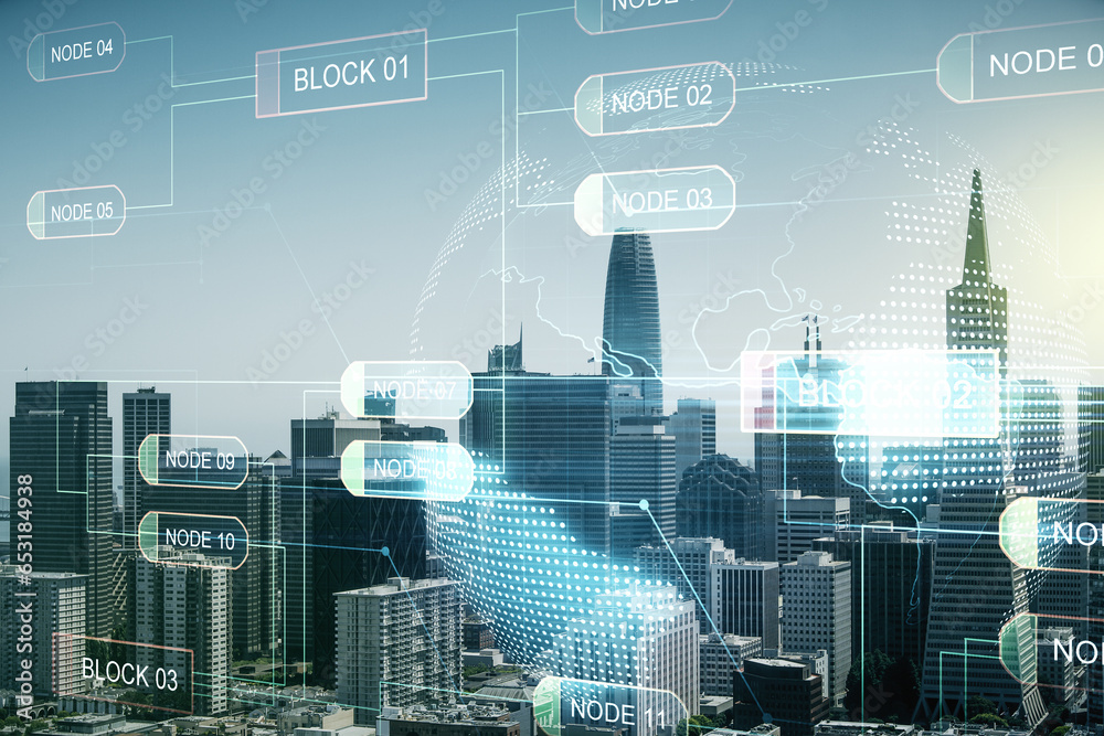 Poster Double exposure of abstract creative programming illustration and world map on San Francisco office buildings background, big data and blockchain concept