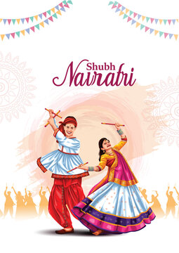 PrintGarba Night poster for Navratri Dussehra festival of India. vector illustration design of peoples playing Dandiya dance.