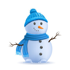 Cute snowman with blue hat and scarf isolated on white background.