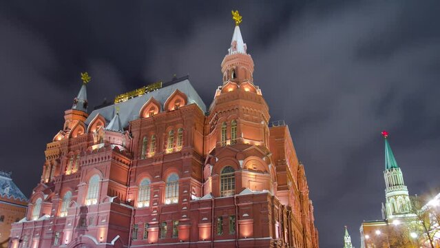 The State Historical Museum of Russia, stands as a luminous beacon between Red Square and Manege Square in Moscow. Night timelapse hyperlapse showcases the museum's architectural grandeur