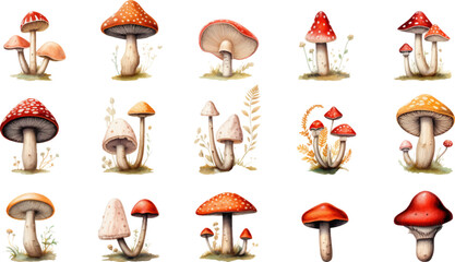 colorful illustrations of mushrooms in watercolor, in the style © EnelEva