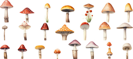 colorful illustrations of mushrooms in watercolor, in the style