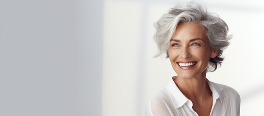 Middle aged woman looking great with wrinkled well-groomed beautiful skin on her face, isolated background, banner for advertising age skin care - obrazy, fototapety, plakaty