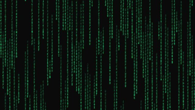 4K Matrix style code.  Digital security, data encryption or decryption. Digital binary data code flow. Alien text. Abstract Technology Background.  