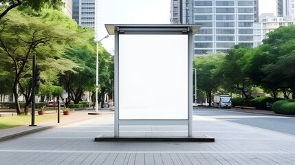 Blank white billboard on city street,trees and buildings at the background