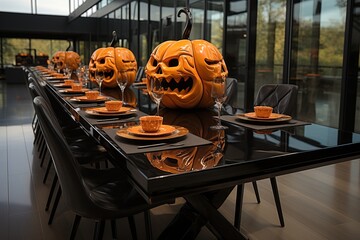 Halloween is a fun traditional holiday. Interior design with pumpkin in orange colors.