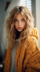 Fototapeta premium Indoor shot of a young beautiful blonde female wearing warm knitted clothes