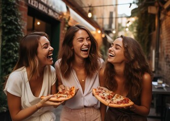 Beautiful women girlfriends in pizzeria - obrazy, fototapety, plakaty