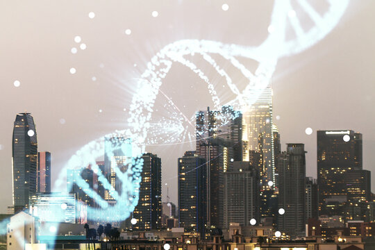 DNA hologram on Los Angeles office buildings background, biotechnology and genetic concept. Multiexposure