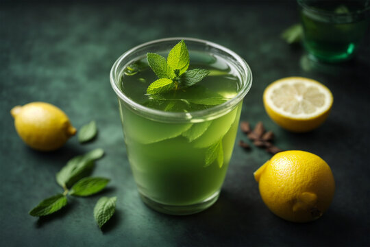 Takeaway mahito in a plastic cup with lemon and mint. AI generation.