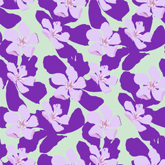 Fototapeta na wymiar Vector floral seamless lilac pattern for textile design, pink flowers on a light green background