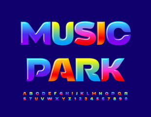 Vector glossy logo Music Park. Trendy Colorful Font. Bright Artistic Alphabet Letters and Numbers