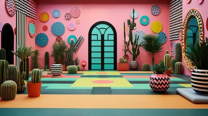 Sierkussen Generative AI, Memphis postmodern style interior with many plants, vibrant colors room © DELstudio