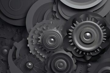 A black and white close-up of interconnected gears - obrazy, fototapety, plakaty