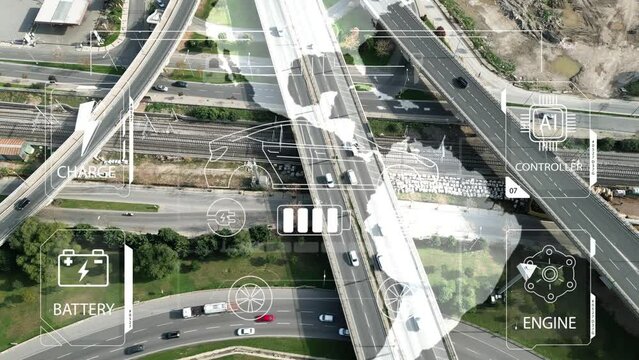 Intelligent Vehicles Cars Communicating Ai Logistic Autonomous Delivery Vehicles IoT GPS Tracking Satellite 5G Smart Roads Traffic Road Junction Interchange Motorway Triangulation Of Traffic Data