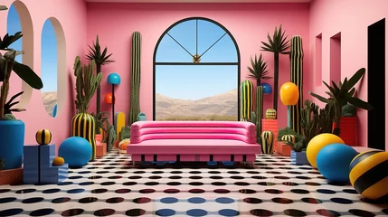 Fotobehang Generative AI, Memphis postmodern style interior with many plants, vibrant colors room © DELstudio