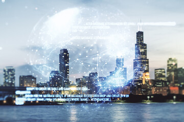 Double exposure of abstract creative programming illustration and world map on Chicago office buildings background, big data and blockchain concept