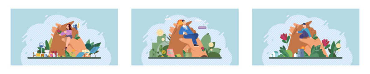 Wellbeing metaphor. Vector illustration. Humcare, bedrock of caring work culture Wellbeing at work, gateway to employee satisfaction Support of professional growth, buoyant force behind career
