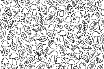 Line art seamless autumnal pattern with linear drawn acorns, leaves, mushrooms. Contour drawn fall seamless repeating pattern.