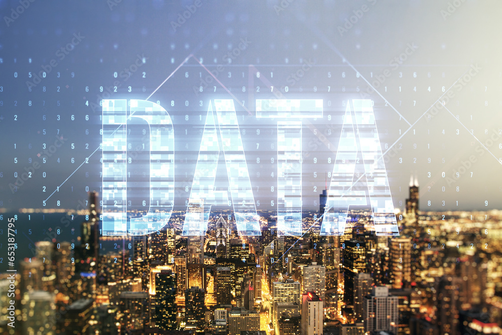 Aufkleber data word hologram on chicago office buildings background, big data and blockchain concept. multiexp