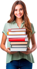 Student holding a pile of books, ready to study for the exam. Cut out with transparent background. Concept of learning, taking a course or degree at a university.