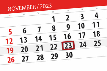 Calendar 2023, deadline, day, month, page, organizer, date, November, thursday, number 23