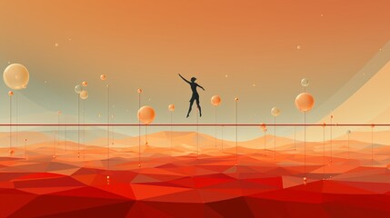 Seiltänzerin springt auf dem über einen See aus Wellen gespannten Seil in einer orangefarbenen Welt - obrazy, fototapety, plakaty