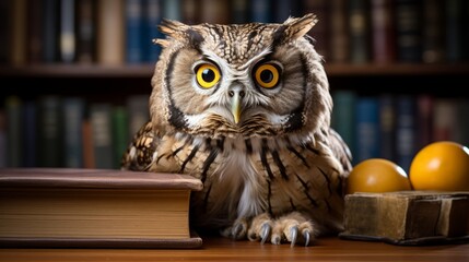 Portrait einer Eule mit starkem Blick, die auf einem Schreibtisch in einer Bibliothek sitzt