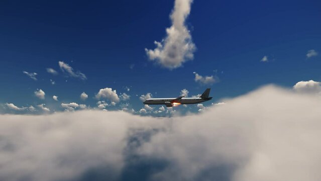 Airplane above clouds moving slowly forward, 4K