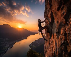 extream sport A person climbing a rock face at sunset young man climb cliff moutain extream sport activity risk lifestyle nature mountain and beautiful sunset sky background - obrazy, fototapety, plakaty