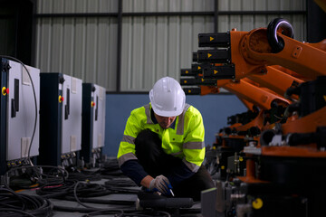 Engineer work at robotic arm factory. © Suney