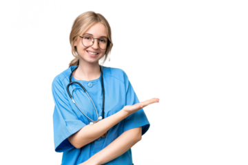 Young nurse English woman over isolated background presenting an idea while looking smiling towards