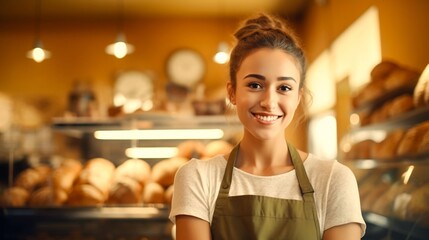 A female baker smiles in a bakery.