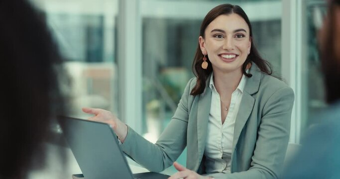 Business meeting, laptop and team leader, happy woman or bank consultant explain investment, client negotiation or web feedback. Consultation, administration and financial advisor consulting couple