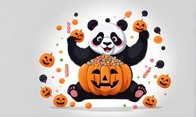 A cute Panda celebrates Halloween with pumpkin candy (JPG 300Dpi 12000x7200)