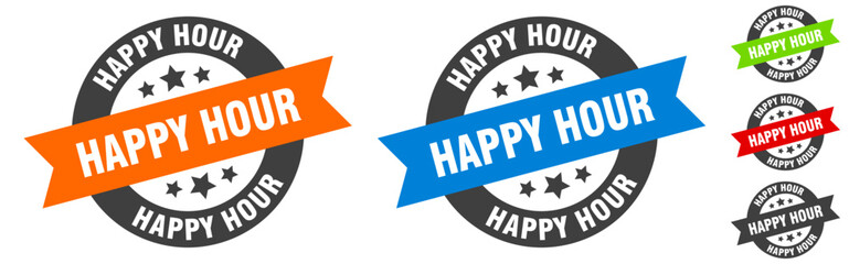 happy hour stamp. happy hour round ribbon sticker. tag